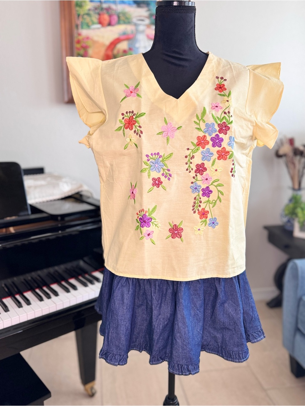 Women’s Embroidered Flutter-Sleeve Top - Yellow